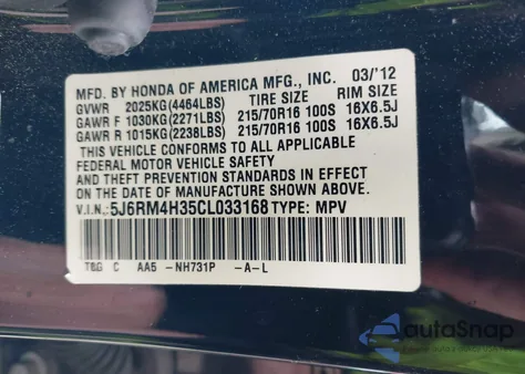 2012 Honda Cr-V Lx z USA, uszkodzony, nr VIN 5J6RM4H35CL033168